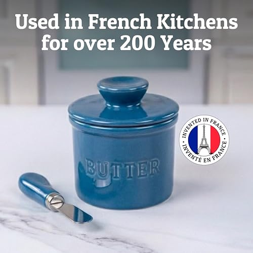 Butter Crock with Lid for Countertop with Spreader Knife and Water Line (Lapis Blue / Regular)