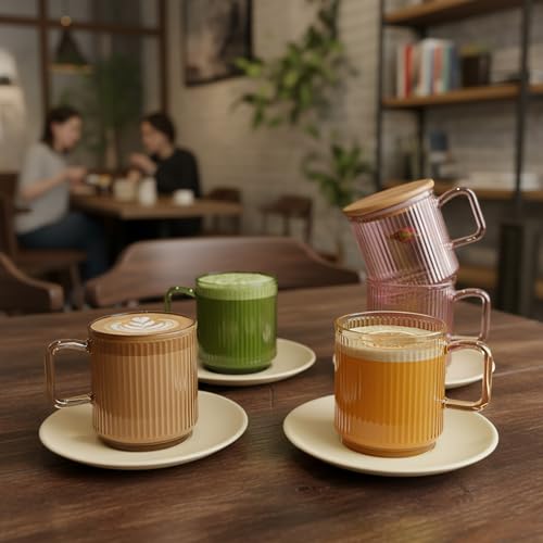 Ribbed Glass Coffee Mug with bamboo lids and handle (Colored)
