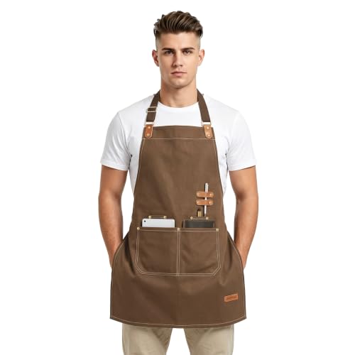 Chef Apron for Men Women with Pockets Adjustable Neck Strap (Brown)
