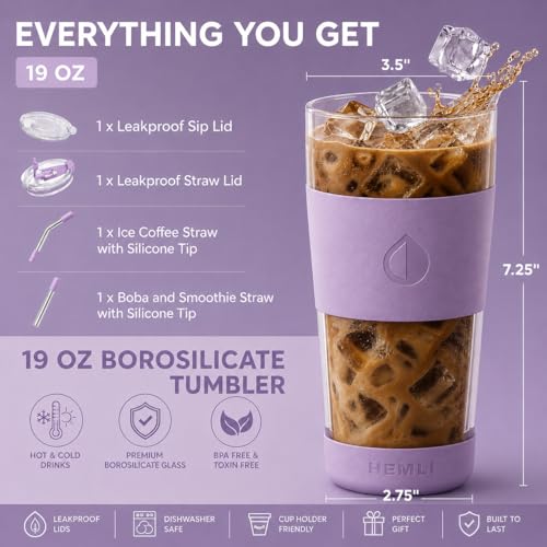 19 oz Clear Double Wall Borosilicate Glass Coffee Tumbler (Lavender)