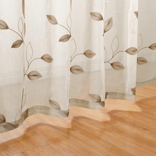 Taupe Sheer Curtains Leaf Embroidered (52"W x 96"L (Pack of 2) / 2-taupe/Beige)