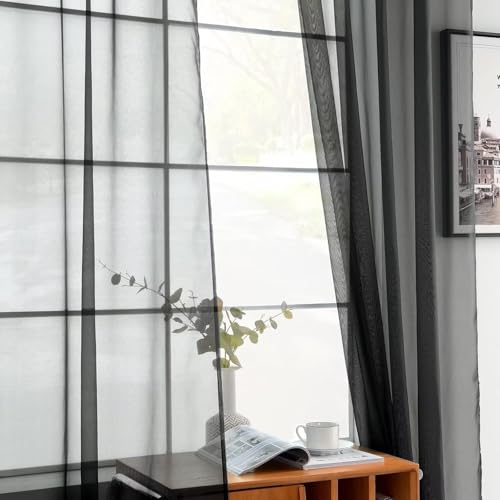 Solid Sheer Rod Pocket Curtain Voile Draperies 2 Panels White Beige Black Ivory Coffee 22 Inch Width 30 Inch Long 1 Pair for Kitchen Bedroom Children Living Room Yard (Black / 22"W x 30"L (Pack of 2))