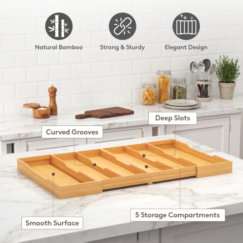 Bamboo Utensil Organizer for Kitchen Drawer (Natural / 17.8~28.3''W x 17'' D)