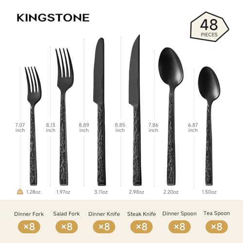 48 Pcs Black Hammered Silverware Set with Steak Knives for 8 (Black / 48-Piece)