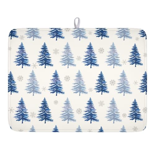Winter Dish Drying Mat 16 x 18 Inch Blue Tree Dish Drying Pad Absorbent Microfiber Mats for Snowflake Dish Rack Pad for Holiday Kitchen Counter Coffee Bar Decor (Winter Blue / 16" x 18")