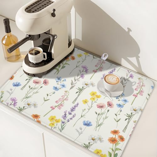 Spring Summer Colorful Floral Dish Drying Mat 18x24 Inch (Floral Colorful / 18" x 24")