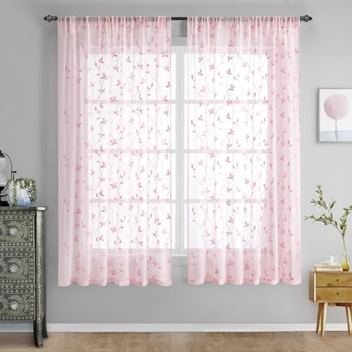 Pink Sheer Curtains Vine Embroidered (52"W x 63"L (Pack of 2) / Vine Pink)