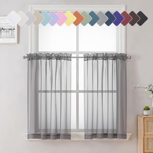 Charcoal Grey Sheer Kitchen Curtains 36 Inch Length 2 Pcs (Charcoal Grey / 40"W x 36"L (Pack of 2))