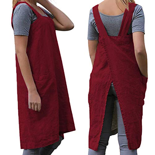 Women's Cross Back Pinafore Apron with Large Pockets Home Kitchen (Medium / Wine Red)