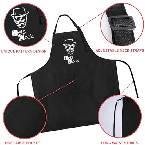 Funny Black Chef Aprons for Men Adjustable BBQ Kitchen Cooking Apron (Lets Cook)