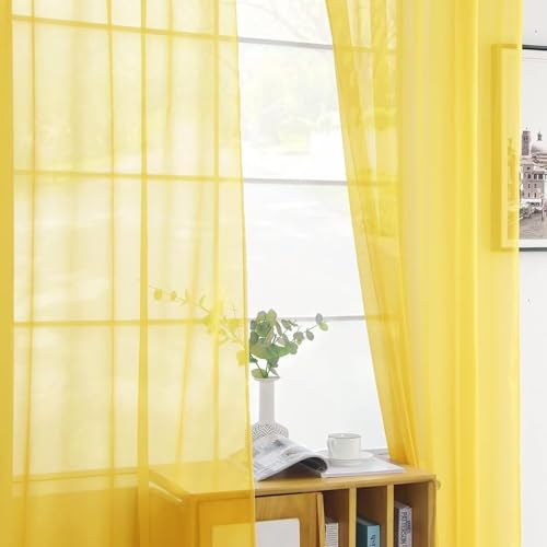 Solid Sheer Rod Pocket Curtain Voile Draperies 4 Panels White Beige Black Grey Ivory 52 Inch Width 54 Inch Long 1 Pair for Kitchen Bedroom Children Living Room Yard (Yellow / 52"W x 54"L (Pack of 4))