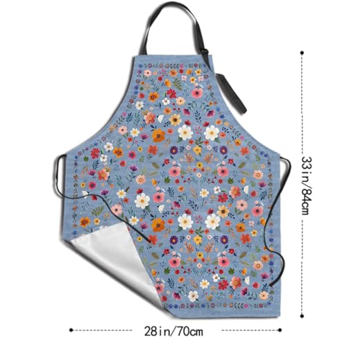 Flower Apron with 2 Pockets Blue Adjustable Neck Strap Chef Apron for Women Cooking Garden Painting (33" x 28"(Pack of 1) / Watercolor Flowers Blue)