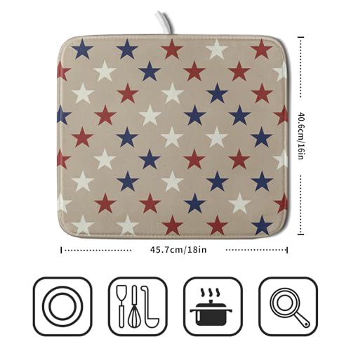 Patriotic July of 4th Blue Red White Star Dish Drying Mat for Kitchen Counter 16x18 Independence Day Absorbent Reversible Microfiber Drying Mats Kitchen Countertop Protector Dishes Drainer Rack Pad (16" x 18")