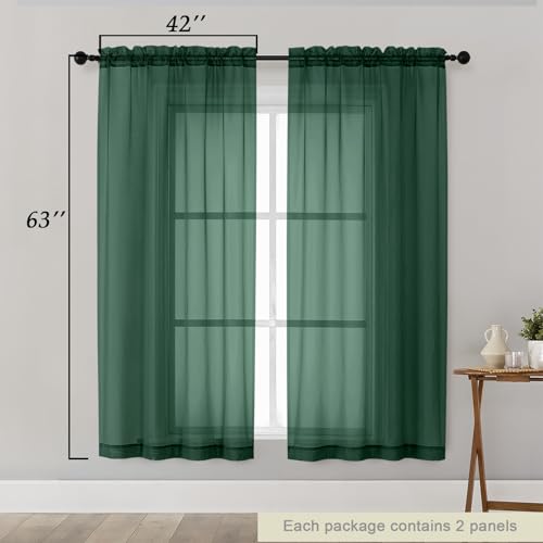 Sheer Hunter Green Curtains for Bedroom Living Room 63 Inch Length 2 Panels (Hunter Green / 42"W x 63"L (Pack of 2))