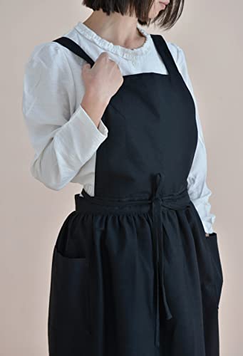 Women Cotton Linen Cross Back Apron with Pockets for Gardening Works Pinafore Dress Black (Black)