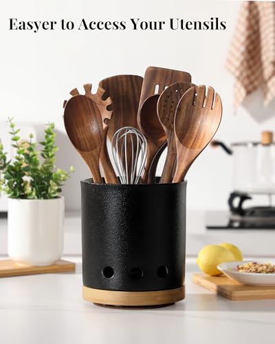 360° Rotating Ceramic Utensil Holder for Kitchen Countertop (Holed - Textured Black / 7.3 inch)
