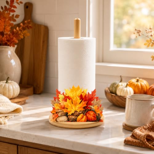 Bamboo Paper Towel Holder with 11 Set Interchangeable Holiday Signs