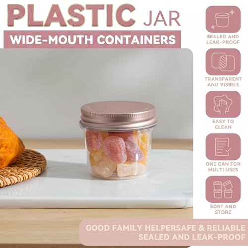 4 oz Plastic Small Mason Jars and Small Plastic Jars with Lids (20 Pack 4 Ounce / Rose Gold)