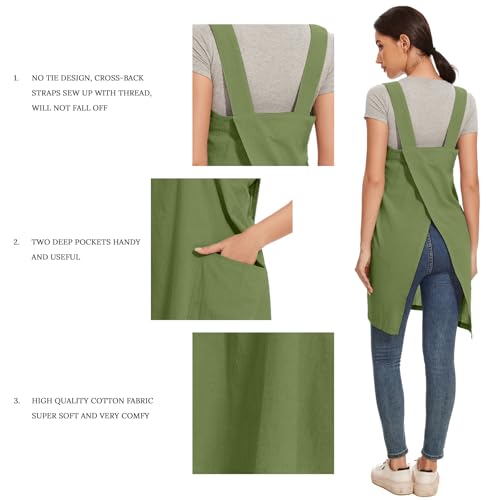 Women Cotton Linen Apron with 2 Pockets Kitchen Baking Cooking Chef Cross Back Pinafore Dress for Work Restaurant Gardening (Large / Leaf Green)