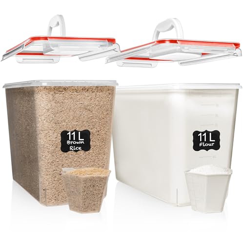2 PC (11L | 372 oz) Flour Sugar Storage Containers with Easy Carry Handle - Plastic Extra Large Food Storage Containers with Lids for Rice Cereal, BPA Free & Airtight Kitchen Pantry Organization (Red)