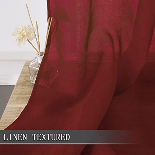 Short Sheer Curtains Linen Textured Bedroom Curtain Sheers Light Filtering Rod Pocket Voile Curtains for Living Room (54"W x 45"L (Pack of 2) / Burgundy Red)