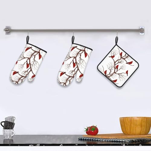 Winter Cardinal Birds Oven Mitts and Pot Holders Sets of 3 Hot Pads (Birds Cardinal)