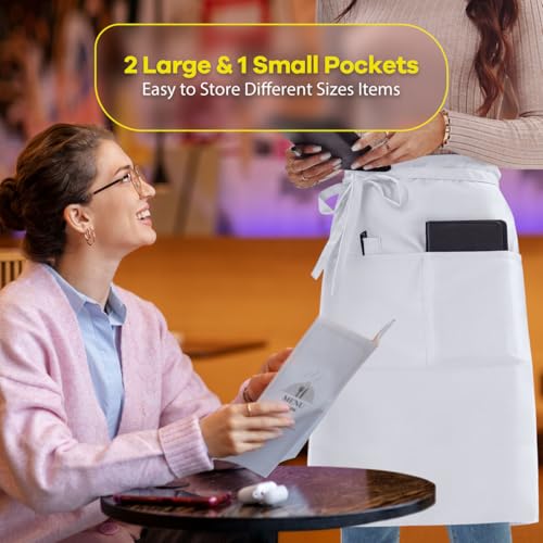 Long Server Apron Black with 3 Pockets 28" Bistro Aprons Waterproof (1 PACK(34x28 Inches) / White)