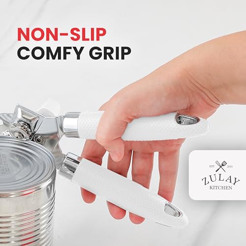 Heavy Duty Stainless Steel Can Opener Manual with Large Bottle Opener (Side Bottle Opener Design / White)