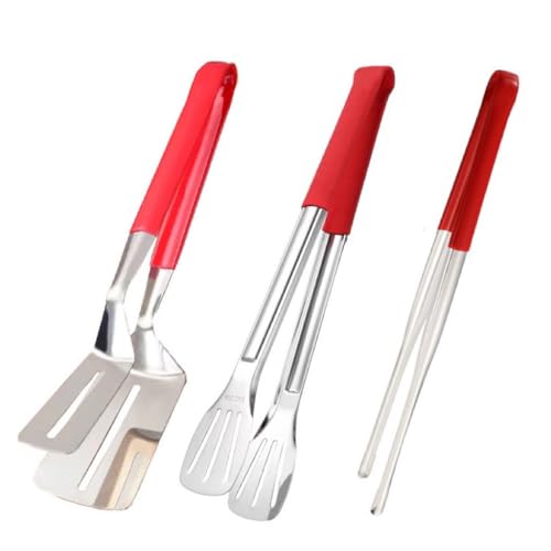 3Pcs 304 Stainless Steel Grill Clamp Kitchen Cooking Tongs Multipurpose Barbecue Clamp Spatula for Gripper Bread Clip (Red Set)