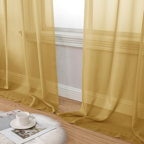 Gold Sheer Curtains 63 Inch Length 2 Panels Set (40"W x 63"L (Pack of 2) / Gold)