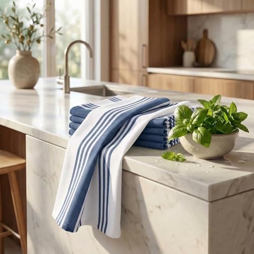 Kitchen Towels 100% Cotton Dish Towels for Kitchen (20" x 30" (Set of 6) / 001 Indigo Blue/White)