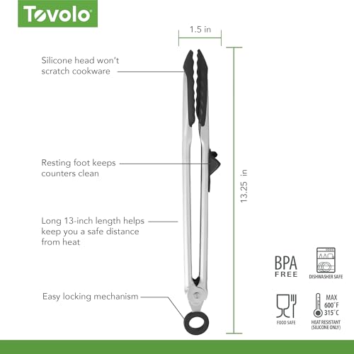 Tongs With Silicone Tips Easy Grip 13” Long Kitchen Tongs Stainless Steel Handle For Cooking BBQ (Black)