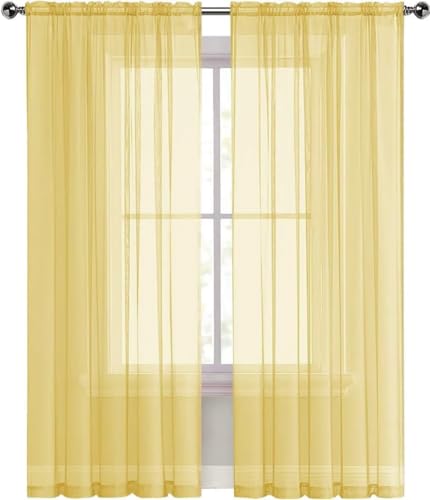 Basic Rod Pocket Sheer Voile Window Curtain Panels Yellow 1 Pair 2 Panels 42 Width 45 Inch Long for Kitchen Bedroom Children Living Room Yard（Yellow (Yellow / 42"W x 45"L (Pack of 2))