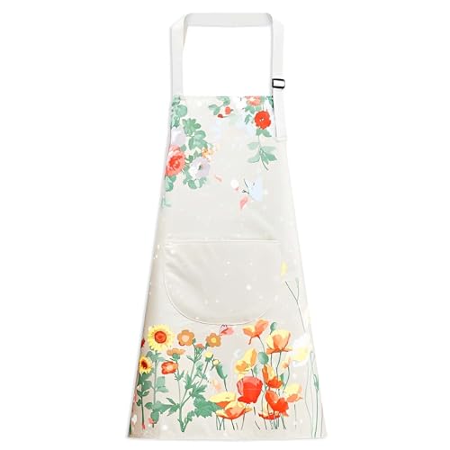 Floral Aprons with Pocket Blooming Floral Womens Waterproof Apron (Butterfly Beige)