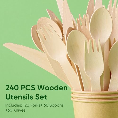 Disposable Wooden Utensils Set (120 Forks, 60 Spoons, 60 Knives)