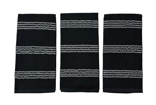 Black Grey Kitchen Hand Dish Towels Waffle Ruffle Textured Set of 3 (Rainah Black)