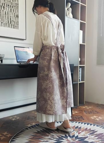 Japanese Cotton Linen Cross Back Work Apron for Women with Pockets Pinafore Dress Smock (05-zdh)