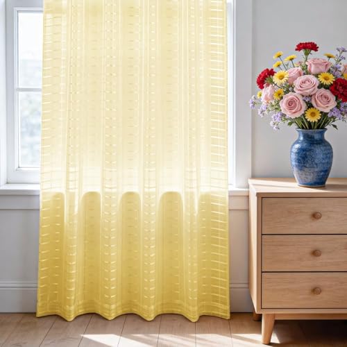 Check Sheer Curtains 54 Inches Long for Living Room (Check - Yellow / 52"W x 54"L (Pack of 2))