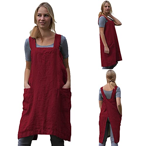 Cotton Linen Apron Cross Back Apron for Women with Big Pockets Square Pinafore Dress for Baking Cooking BBQ & Grill (Red / Small)