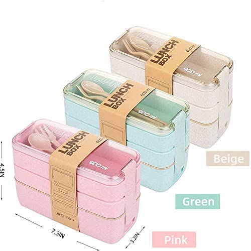 2 Pack Stackable Bento Box Japanese Lunch Box Kit with Spoon & Fork (Green/Beige / 2 pack)