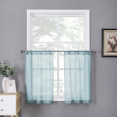 Short Sheer Tier Curtains Linen Textured Half Kitchen Curtain Sheers Light Filtering Rod Pocket Voile Small Curtain for Bathroom (25"W x 24"L (Pack of 2) / Dusty Blue)