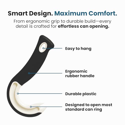 Ring Pull Can Opener for Soda and Food Cans Arthritis Aid with Non Slip Grip for Seniors Kids and Nail Protection Manual Pull Tab Tool for Easy Open Cans Black Dishwasher Safe (1 Pack)