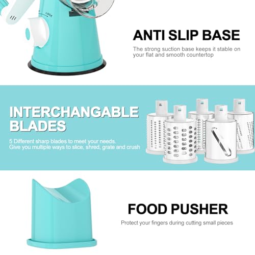 Rotary Cheese Grater Hand Crank Cheese Shredder for Fresh Cheese (5 BLADES / Blue)