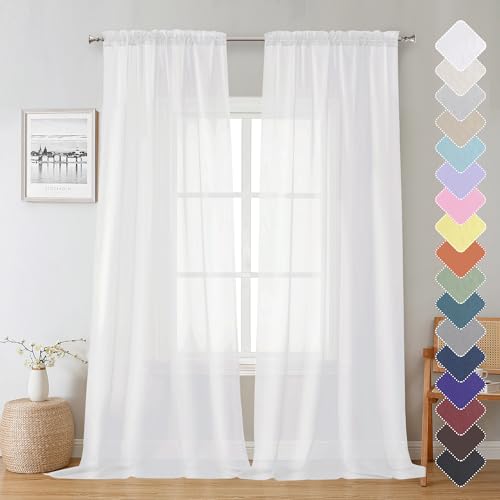 White Sheer Curtains 90 Inches Long 2 Panels (White / 42"W x 90"L (Pack of 2))