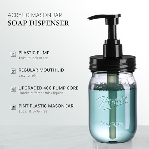 Plastic Mason Jar Soap Dispenser with Pump Lid 16OZ (Black Jar + Black Pump)
