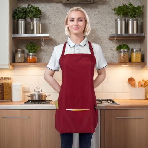 Adjustable Waterproof Aprons with 3 Pockets for Men Women (Red)