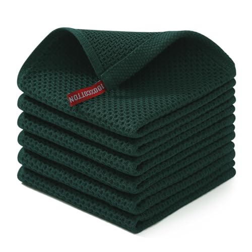 100% Cotton Waffle Weave Kitchen Dish Cloths 6 (Blackish Green / 12 X 12 - 6 Pack)