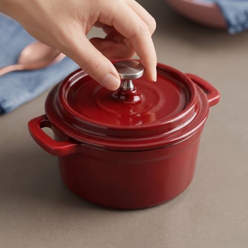 Mini Cocotte 16 oz Mini Dutch Oven 0.5 qt. Cast Iron Garlic Roaster for Oven Garlic Confit Pot Ramekins with Lids Oven Safe Set of 2 (2 Set-Red / 16 oz-2 Set)