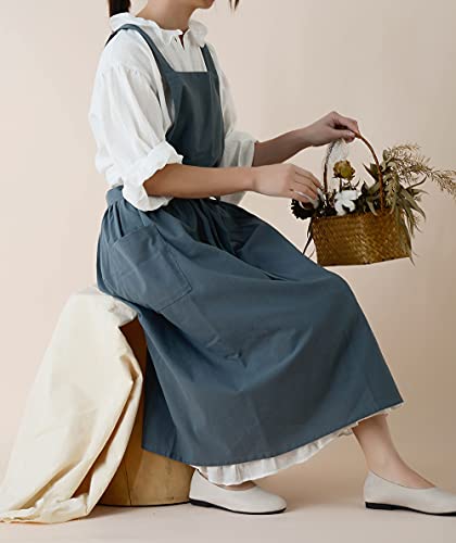 Women Cotton Linen Cross Back Apron for Gardening Works Pinafore Dress with Pockets Navy (Navy)