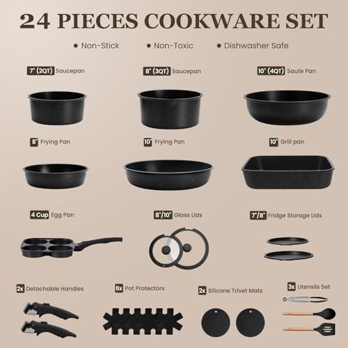 24 Piece Nonstick Pots and Pans Set (Black / 24 Pack)
